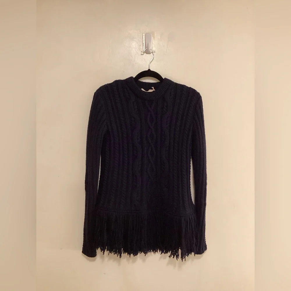 Black Tory Burch Valero Fringe cable knit mockneck fisherman Sweater - Picture 2 of 8